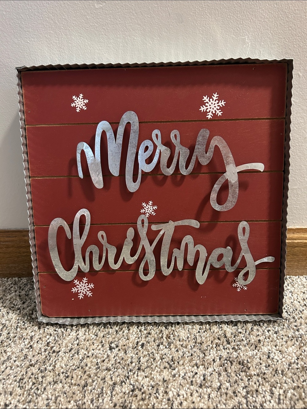 Merry Christmas Red Metal Holiday Wall Sign 10”x10”